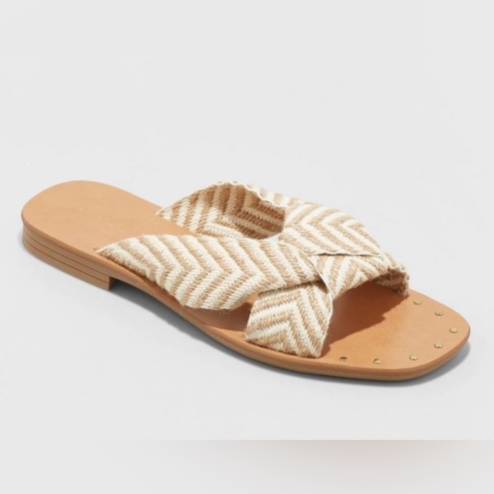 NWT Louise Chevron Print Knotted Slide Sandals - Universal Thread Tan 6 1/2